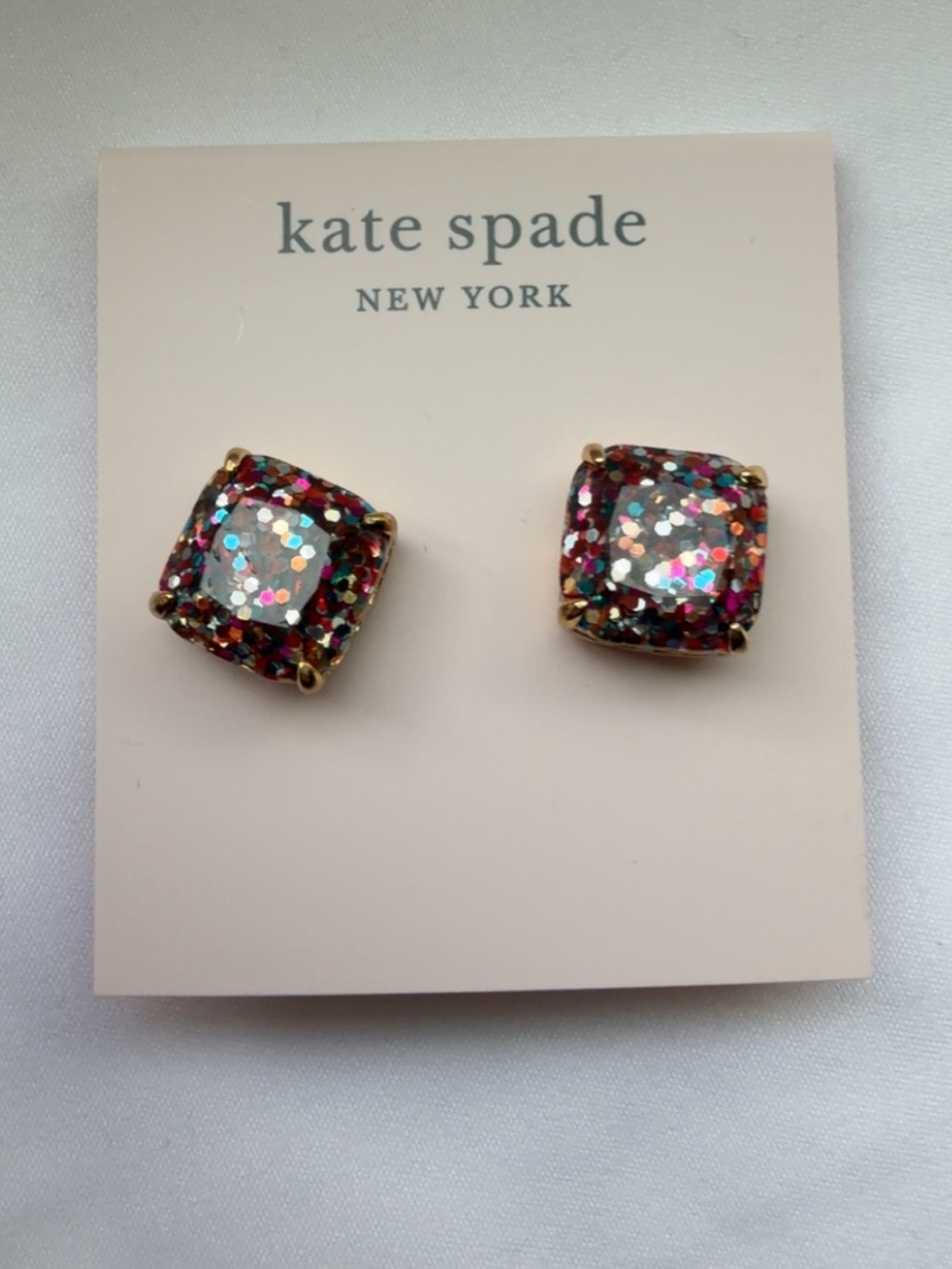 Kate Spade multicolor glitter square stud earrings with gold-tone trim